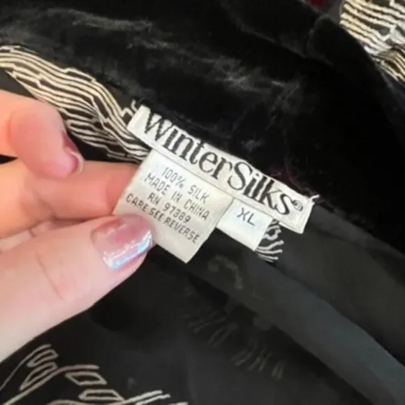 WinterSilks Vintage 100% Silk Black Burnout Velvet Kimono Jacket with Fringe XL - Picture 4 of 6